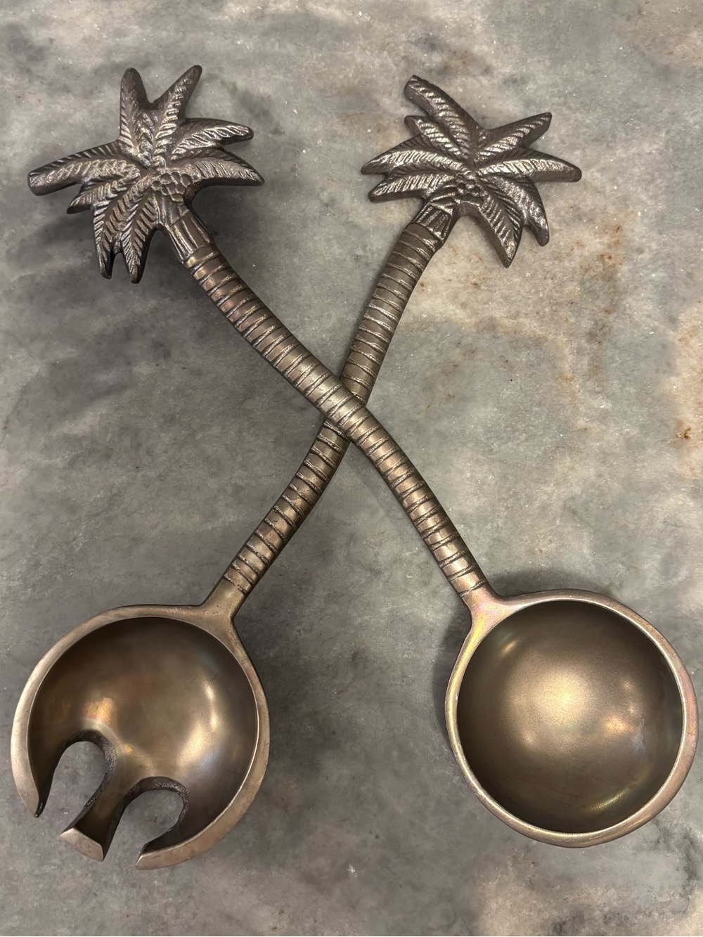 Vintage Pewter Palm Salad Serving Set Palmetto Tree Spoon Slotted Fork Coastal